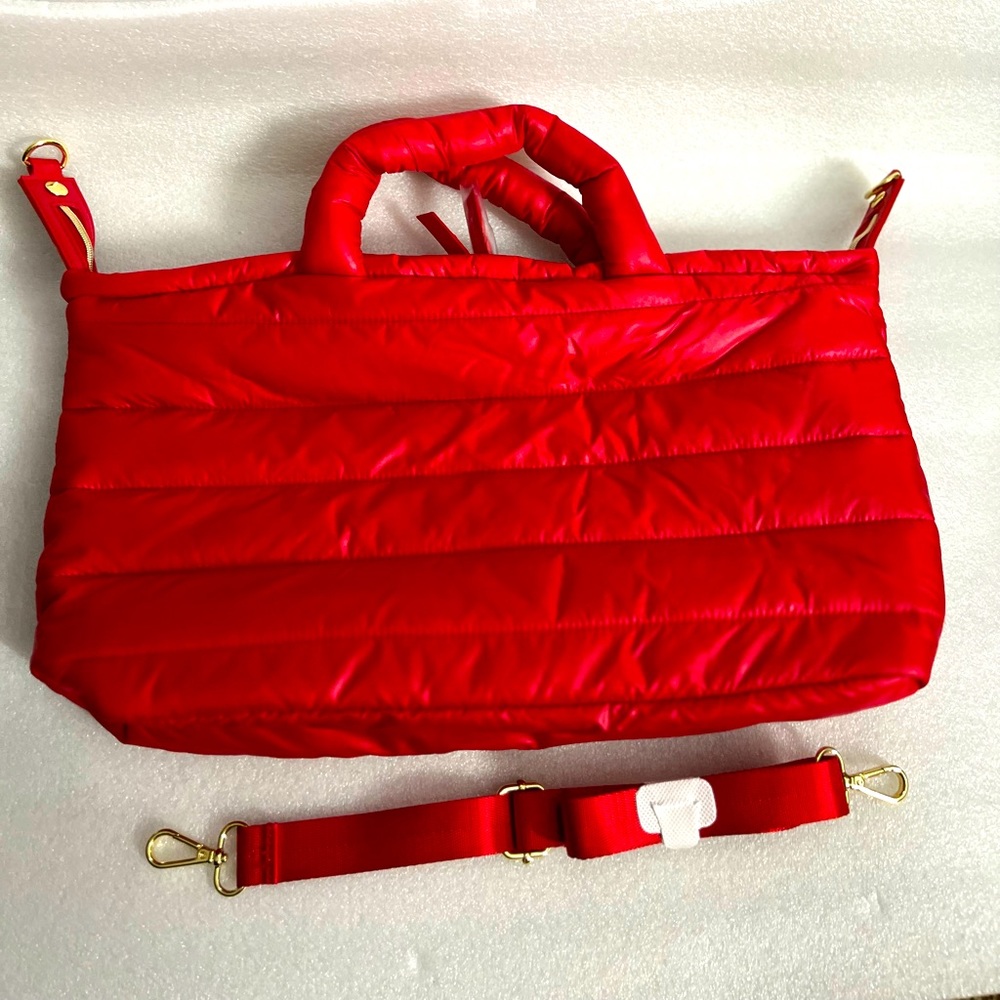 Estee Lauder Red Puffy Tote Weekender Bag Detachable Shoulder Strap Travel